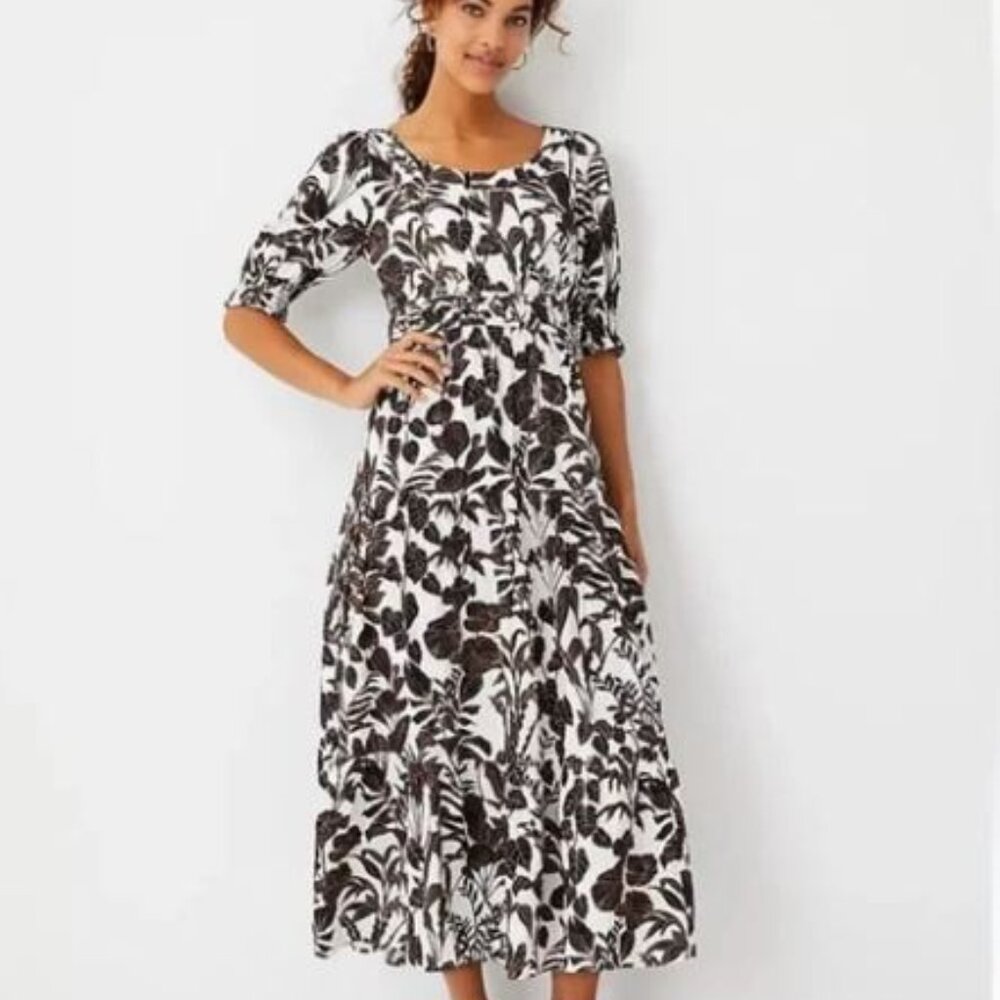 NWT Ann Taylor Foliage Tiered Floral White/Brown Midi Dress Size 0 Petite